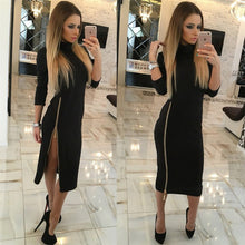 Dress Elegant Turtleneck Knee Length Dress For Women Sexy Side Split Zipper Up Party Dresses Robe Femme Long Sleeve