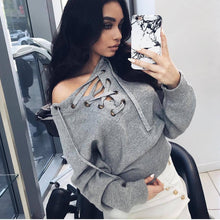 Hoodies Tops Sexy Ladies Long Sleeve O Neck Lace Up Sweatshirts Plus Size Solid Bandage jumper Pullpvers LX046