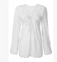 Long Sleeve Base Shirts Women Lace V Neck Hollow Chiffon Blouse Shirt Plus Size Women Tops White Chiffon Shirts