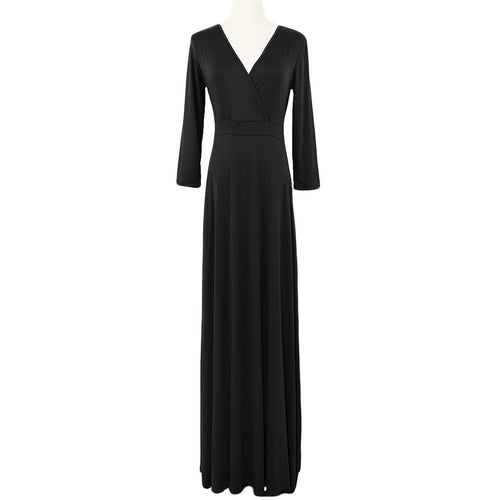 women-maxi-dress-v-neck-three-quarter-sleeve-dress-solidcolor-plus-size-dress-elegant-dress BBL