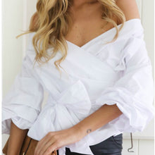 Sexy Women Off TheShoulder V Neck Blouse Puff Sleeve Bowknot Waist Bandage Skinny Shirts Tops Plus Size