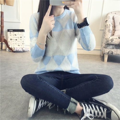 Argyle Knitted Women Sweaters And Pullovers Casual O Neck Pull Femme Hairy Knit Jumper Sweater Women