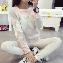 Argyle Knitted Women Sweaters And Pullovers Casual O Neck Pull Femme Hairy Knit Jumper Sweater Women