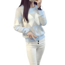 Argyle Knitted Women Sweaters And Pullovers Casual O Neck Pull Femme Hairy Knit Jumper Sweater Women