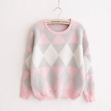 Argyle Knitted Women Sweaters And Pullovers Casual O Neck Pull Femme Hairy Knit Jumper Sweater Women