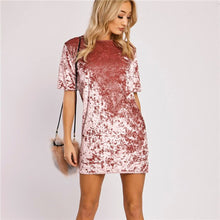 Velvet Basic Dress Women Short Sleeve O Neck Casual Dress Ladies Mini Dresses Pink Black Gold Yellow S-XL