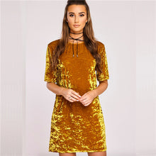 Velvet Basic Dress Women Short Sleeve O Neck Casual Dress Ladies Mini Dresses Pink Black Gold Yellow S-XL