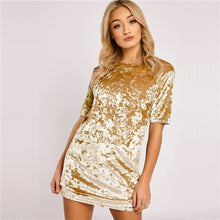 Velvet Basic Dress Women Short Sleeve O Neck Casual Dress Ladies Mini Dresses Pink Black Gold Yellow S-XL