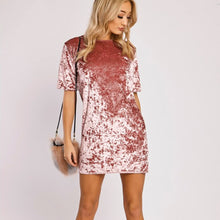Velvet Basic Dress Women Short Sleeve O Neck Casual Dress Ladies Mini Dresses Pink Black Gold Yellow S-XL
