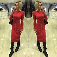 Warm Women Knitted Mid-calf O-neck Dresses package hip Sheath Bodycon Dress With Buttons