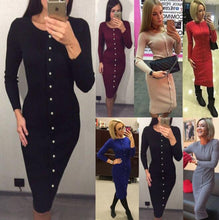 Warm Women Knitted Mid-calf O-neck Dresses package hip Sheath Bodycon Dress With Buttons
