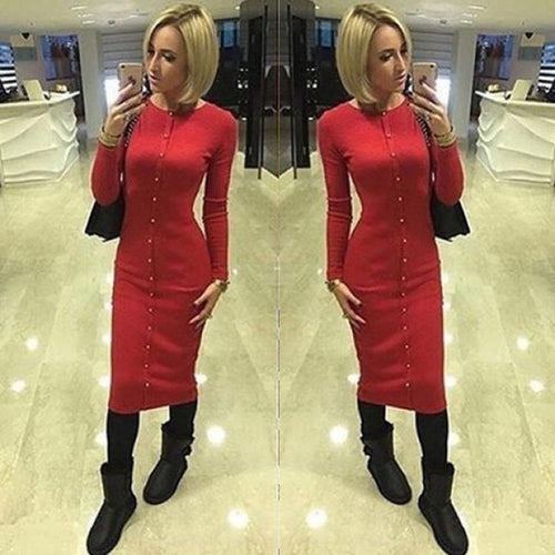Warm Women Knitted Mid-calf O-neck Dresses package hip Sheath Bodycon Dress With Buttons