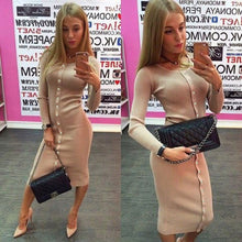 Warm Women Knitted Mid-calf O-neck Dresses package hip Sheath Bodycon Dress With Buttons