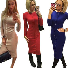 Warm Women Knitted Mid-calf O-neck Dresses package hip Sheath Bodycon Dress With Buttons
