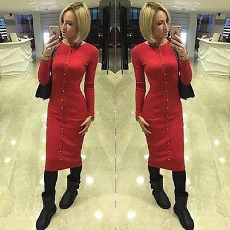 Warm Women Knitted Mid-calf O-neck Dresses package hip Sheath Bodycon Dress With Buttons