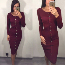 Warm Women Knitted Mid-calf O-neck Dresses package hip Sheath Bodycon Dress With Buttons