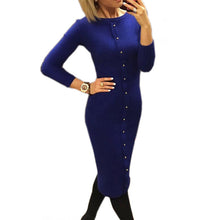 Warm Women Knitted Mid-calf O-neck Dresses package hip Sheath Bodycon Dress With Buttons