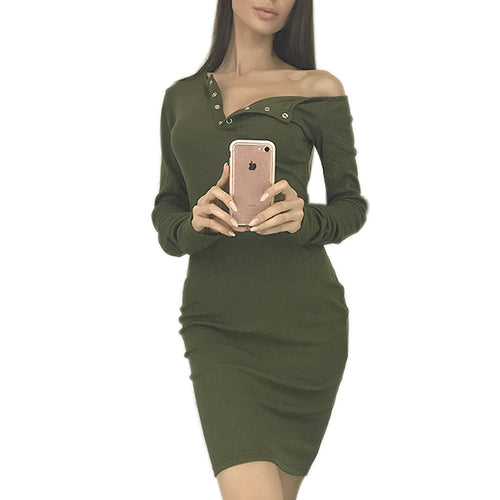 Knitted Dresses Long Sleeve One Shoulder Button Sexy Knitwear Dress Knitting Bodycon Dress Vestidos GV412