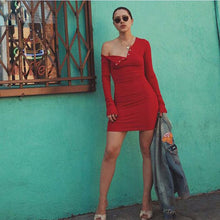 Knitted Dresses Long Sleeve One Shoulder Button Sexy Knitwear Dress Knitting Bodycon Dress Vestidos GV412
