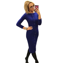 Women Dresses Elegant Button Knit Dress Slim Long Bodycon Dress Robe Femme O Neck Long Sleeve Vintage Dress
