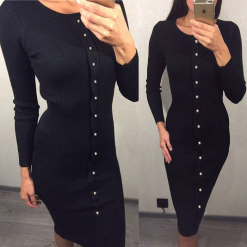 Women Dresses Elegant Button Knit Dress Slim Long Bodycon Dress Robe Femme O Neck Long Sleeve Vintage Dress