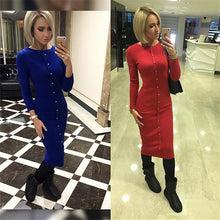 Women Dresses Elegant Button Knit Dress Slim Long Bodycon Dress Robe Femme O Neck Long Sleeve Vintage Dress
