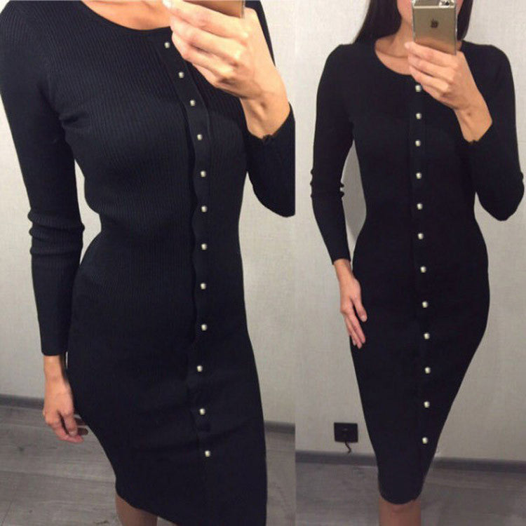 Women Dresses Elegant Button Knit Dress Slim Long Bodycon Dress Robe Femme O Neck Long Sleeve Vintage Dress