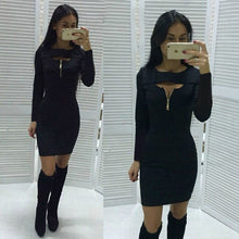 Women's O Neck Front Hollow Out Zipper Strechy Bodycon Mini Dress For Evening Party Vestidos Package Hip LX017