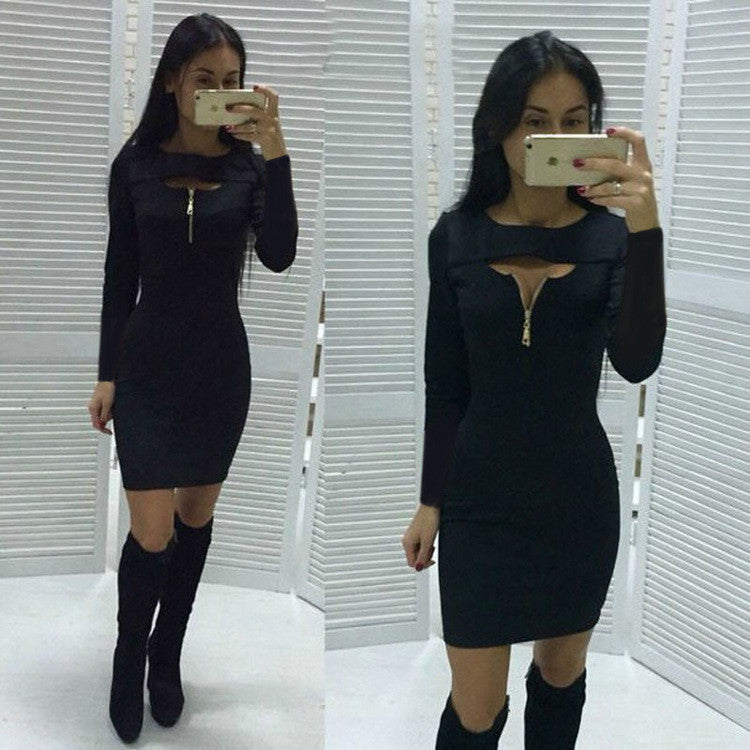 Women's O Neck Front Hollow Out Zipper Strechy Bodycon Mini Dress For Evening Party Vestidos Package Hip LX017