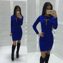 Women's O Neck Front Hollow Out Zipper Strechy Bodycon Mini Dress For Evening Party Vestidos Package Hip LX017