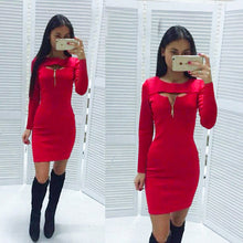 Women's O Neck Front Hollow Out Zipper Strechy Bodycon Mini Dress For Evening Party Vestidos Package Hip LX017