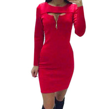 Women's O Neck Front Hollow Out Zipper Strechy Bodycon Mini Dress For Evening Party Vestidos Package Hip LX017