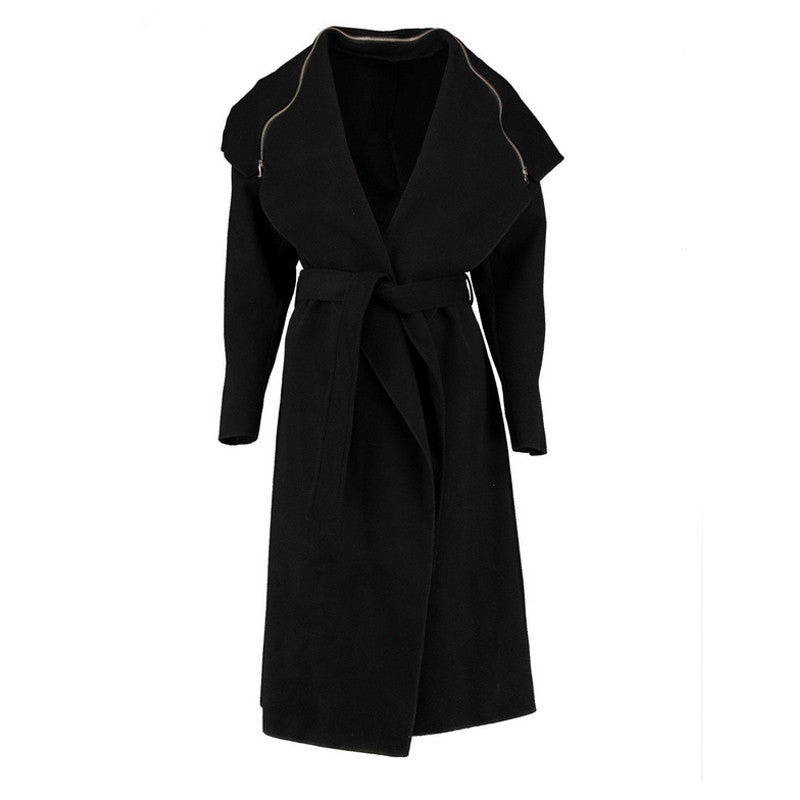 Woolen Trench Long Big Turn Down Collar Women Trench With Belt Slim Cardigan Long Coat XXL