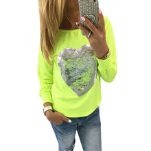 Women Love Heart Sequins Slim Tee T-shirt Long Sleeve O Neck Casual Cute Women Shirt Pullover Clothes M0573