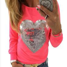 Women Love Heart Sequins Slim Tee T-shirt Long Sleeve O Neck Casual Cute Women Shirt Pullover Clothes M0573