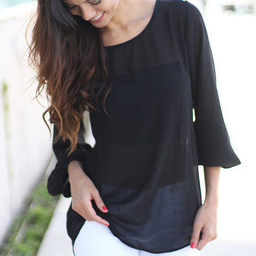Women Solid Color Chiffon Blouse Shirts O-neck Long Sleeve Button Lace Chiffon Shirts Blusas Casual Loose Blouses M0405