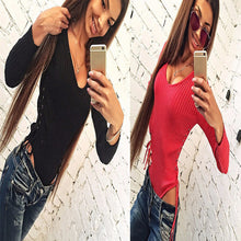 Women's Sexy Slim Short Cotton Knitted Bodycon Bandage Jumpsuit romper Bodysuit with Long Sleeve V-Neck One-Piece LX075