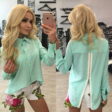 Back Zipper Split Irregular Hem Women Chiffon Blouses Sexy Turn-down Collar Long Sleeve Lady Shirts Tops M0593