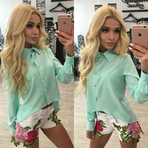 Back Zipper Split Irregular Hem Women Chiffon Blouses Sexy Turn-down Collar Long Sleeve Lady Shirts Tops M0593