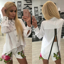 Back Zipper Split Irregular Hem Women Chiffon Blouses Sexy Turn-down Collar Long Sleeve Lady Shirts Tops M0593