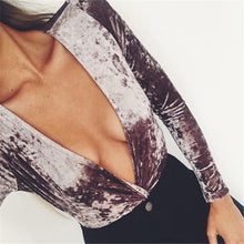 Back Zipper Stretch Velour Slim Bodysuits Women Sexy Velvet Bodysuits Cross Over Deep V-neck Long-Sleeve Rompers GV482