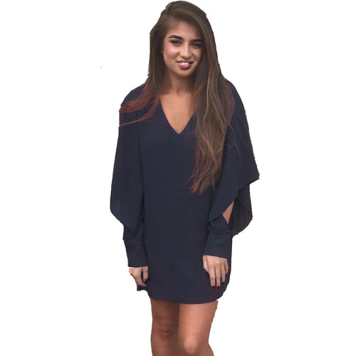 Batwing Long Sleeve Chiffon Dress Casual Loose V Neck Nightclub Mini Women Dresses Dress Vestidos Plus Size M0425