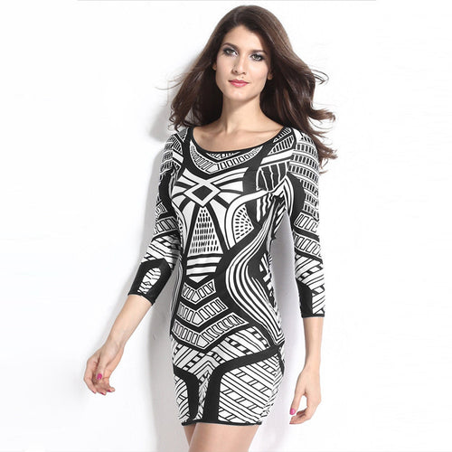 big-discount-women-bodycon-dress-geometry-print-o-neck-three-quarter-sleeve-mini-dresses-club-dress-black BBL