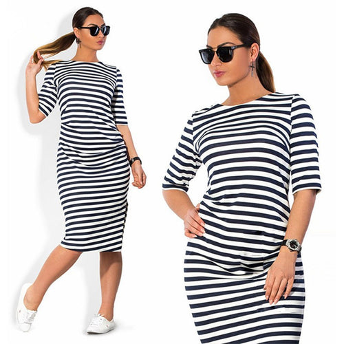 Big Size to 6XL Women Casual Striped Dress Half Sleeve Mid-Calf Length Dresses Black & White Slim Vestidos M0245