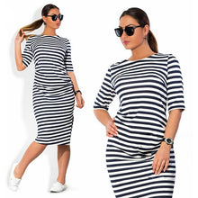 Big Size to 6XL Women Casual Striped Dress Half Sleeve Mid-Calf Length Dresses Black & White Slim Vestidos M0245
