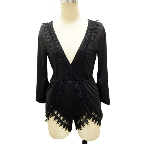 Black Lace Patchwork Women Playsuits And Jumpsuits Sexy Deep V Neck Party Night Club Rompers Womens Jumpsuit Slim Romper