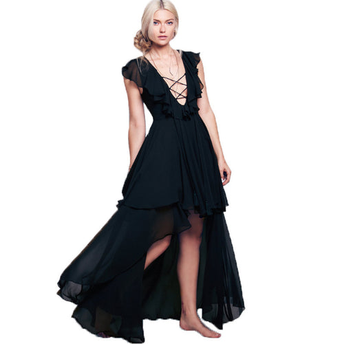 Black Red Sexy Deep V Floor-length Party Dress Cascading Ruffle Chiffon Maxi Dress Women Low Cut Ruffles Long Dress