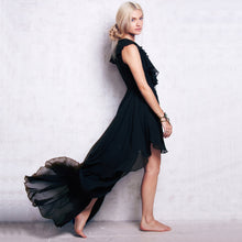 Black Red Sexy Deep V Floor-length Party Dress Cascading Ruffle Chiffon Maxi Dress Women Low Cut Ruffles Long Dress