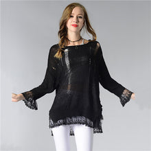 Black White Gray Cute Lace Patchwork Knitted Sweater Thin Loose Women Pullovers And Sweaters Ripped Pullovers Pull Femme