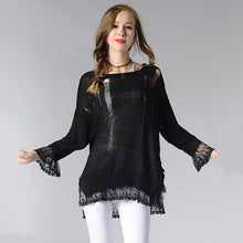 Black White Gray Cute Lace Patchwork Knitted Sweater Thin Loose Women Pullovers And Sweaters Ripped Pullovers Pull Femme